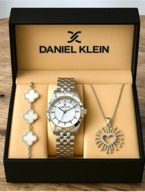 Resim Daniel Klein Premium Kadın Hediyelik Set – Gümüş Saat, Clover Bileklik & Sunburst Kalp Kolye- Hediye Kutulu 