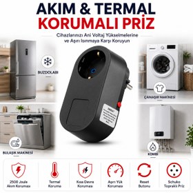 Resim Akım ve Termal Korumalı Tekli Priz 2500 Joule - Reset Butonlu Schuko Koruma Prizi | Buzdolabı, Çamaşır Makinesi ve Kombi İçin 
