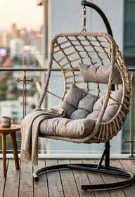Resim KalyonHome Pisa Tek Kişilik Egg Salıncak Bahçe Balkon Ayaklı Yastıklı Rattan 