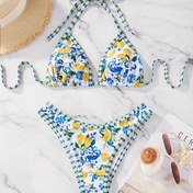 Resim 2 adet MOXDO Kadın Çiçek Desenli Halter Bikini Seti, Polyester ve Elastan Karışımı, Yüksek Esnek Örme Kumaş, Bağcıklı Detaylar, Yaz Plaj Giyimleri için 