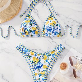 Resim 2 adet MOXDO Kadın Çiçek Desenli Halter Bikini Seti, Polyester ve Elastan Karışımı, Yüksek Esnek Örme Kumaş, Bağcıklı Detaylar, Yaz Plaj Giyimleri için 