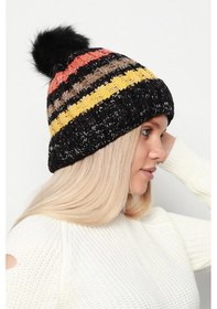 Resim Ponpon Detay İçi Yünlü Renkli Örme Kadın Bere Rkş-23 Siyah Siyah 