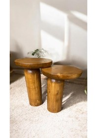 Resim Wood Ahşap 2 Li Set Mantar Tik Ağacı Renk Yan Sehpa Modern Fiskos / Çiçeklik / Zigon Ceviz 