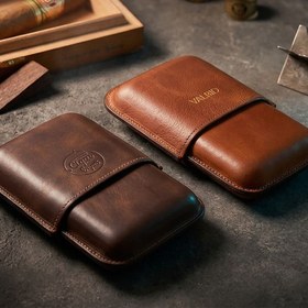 Resim El Yapımı Premium Deri Puro Kılıfı - Camel / Üçlü 