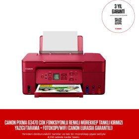 Resim Canon PIXMA G3470 Çok Fonksiyonlu Renkli Mürekkep Tanklı Kırmızı Yazıcı/Tarama + Fotokopi/Wifi (Canon Eurasia Garantili) 