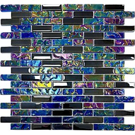 Resim MozaiKristaL Mutfak Tezgah Arası, Banyo, Havuz, Sauna, Spa ve İç ve Dış Dekorasyonda Tüm Yüzeyler İçin, 15X48 mm ve Lüsterli Siyah – Lüsterli Mavi Karışım, 30X30 cm. Fileli Kristal Cam Mozaik 