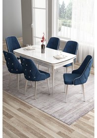 Resim Canisa Tia Serisi 80x132 Açılabilir Mdf Beyaz Krom Detay Mutfak Masası Takımı Ve 6 Lacivert Sandalye Masa Beyaz Sandalye Lacivert 