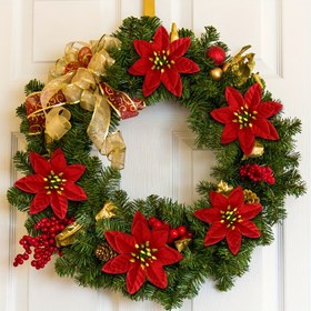 Resim Noel Dekoru için Yapay Poinsettia Çiçekleri - 12 Kırmızı Poinsettia Sahte Çiçekler, El Yapımı DIY Çelenk ve Girland Dekorasyonu, Tüm Mevsimler için Masaüstü Poinsettia, Elektrik veya Batarya Gerekmez 