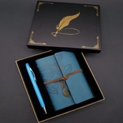 Resim Siyah Kutulu Yaprak Desenli Mavi Deri Defter Ve Kalem Seti 