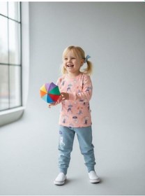 Resim Kız Çocuk Pamuklu Uzun Kollu Kedili Pijama Takımı-10860 SOMON 