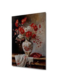 Resim Yağlı Boya Görünümlü Kırmızı Beyaz Çiçek Buketi Vazo Dekoratif Ahşap Ev,antre,salon,ofis Tablo--- 60 X 90 