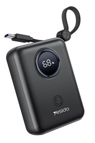 Resim Yesido YP64 10.000 mAh Dijital Göstergeli Dahili Type-C ve Lightning Kablolu PD Mini Powerbank - Siyah 