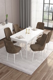 Resim Canisa Concept Are Serisi 80x132 Açılabilir Mdf Masa Beyaz Mutfak Masa Takımı 6 Kahve Sandalye Gold Halkalı 