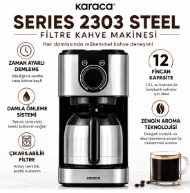Resim Karaca Çelik Gövdeli Zaman Ayarlı Filtre Kahve Makinesi, 12 Fincan Kapasiteli, Aroma Ayarlı, Pratik Kullanımlı, Geniş Hazneli Modern Mutfak Yardımcısı, Enerji Verimli Kullanım Odaklı 