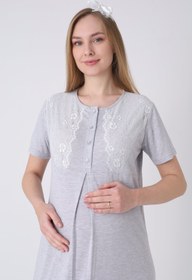 Resim Hamile Gecelik ve Sabahlık Takımı - Lohusa Gecelik Seti, Puantiyeli Dantel Detaylı Pamuk Viskon - 2323 - Gri / XL / Terlik ve Taç Seti İstiyorum +300₺ 