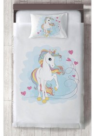Resim Mekta Home Bebek Ve Çocuk Odası Kalpli Unicorn Desenli Yatak Örtüsü Renkli 