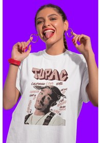 Resim Tupac Rapper Baskılı Unisex Oversize 2pac Şarkıcı Tişört Beyaz 