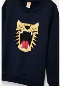 Resim Koton Erkek Bebek Pamuklu Uzun Kollu Bisiklet Yaka Kaplan Nakışlı Sweatshirt Lacivert 