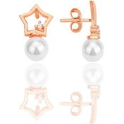 Resim Söğütlü Silver Gümüş Rose Zirkon Taşlı İncili Ay Yıldız Kombin Küpe 