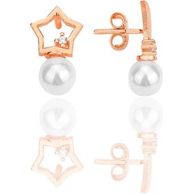 Resim Söğütlü Silver Gümüş Rose Zirkon Taşlı İncili Ay Yıldız Kombin Küpe 