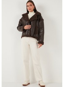 Resim Lela Oversize Kruvaze Yaka Peluş Detaylı Suni Deri Biker Ceket Bayan Mont 6810247 Kahve 