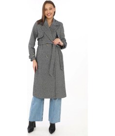 Resim Kadın Balık Sırtı Kaşmir Uzun Kaşe Kaban - Boyalı Gri Siyah 