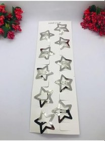 Resim Gümüş Rengi Çok Şık Yıldızlı Çıtçıtlı Saç Tokası 10'lu (3cm) Metalik Tek Ebat 