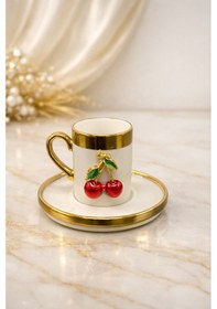 Resim 2 Kişilik 4 Parça Gold Kaplama Yaldızlı Kiraz Kahve Fincan Takımı Seti 100ml Altın - Beyaz 