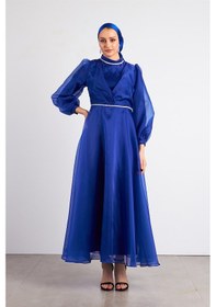 Resim Livanomi Beli Taşlı Saks Tesettür Abiye Elbise Saks 