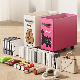 Resim Karikatür Ayı ve Kedi Tasarımlı Tekerlekli Depolama Sepeti - Ofis, Ev, Okul için Dayanıklı Açık Üstlü Organizatör - Atıştırmalıklar, Kitaplar, Belgeler, Raf Sepetleri için Çok Amaçlı 