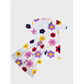 Resim Kız Çocuk Pamuklu Beyaz Papatya Çiçek Desenli Kısa Kollu Şortlu Yazlık Pijama Takımı 