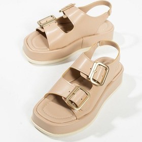 Resim Dolgu Topuklu Çift Bantlı Tokalı Kadın Sandalet Bej 