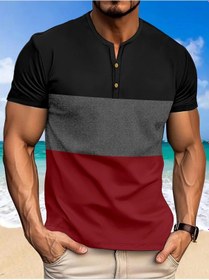 Resim Snapbuy Yeni Renk Eşleştirme Erkek T-shirt Rahat Spor Konfor Kısa Kollu Henry Boyunaltın Altın 