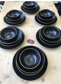 Resim Keramika Mat Siyah El Dekor Altın 24 Parça 6 Kişilik Yemek Takımı 