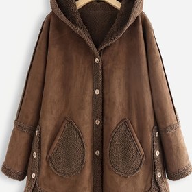 Resim Kadınların Rahat Polar Astarlı Uzun Kollu Düğmeli Ceketi - Şık Kahverengi Kapüşonlu Mont Cebi ile, Sonbahar ve Kış için Mükemmel, Rahat Dış Giyim | Şık Kapüşonlu Ceket | Polar Astarlı Konfor 