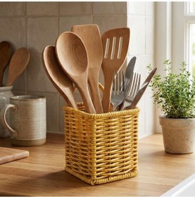 Resim By Nevser Kare Hasır Dokulu Plastik Rattan Kaşıklık & Çatallık Askılı Kendiliğinden Tutmalı Çok Amaçlı Mutfak Organizeri Diğer 