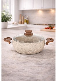 Resim Granit Pro 18 Cm Derin Granit Güveç Tencere Cappucıno Bakalit Saplı Cam Kapaklı Yapışmaz 