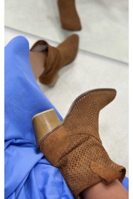 Resim POTEEN Ptc Handy Kadın Western Kovboy Kahverengi Topuklu Yazlık Kısa Bot 