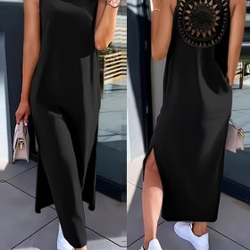 Resim İncelikli Dantel Detaylı Elbisesiz Midi Elbise - Düz Renk, Yuvarlak Yaka, Kadınlar İçin A-Şekilli Silüet, Bahar/Yaz Modası İçin Mükemmel, Dantel Detayları|Sleek Uyumlu Midi|Şık Elbisesiz Elbise 