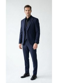 Resim Erkek Klasik Slim Fit Armürlü Kumaş Tek Düğmeli Çift Yırtmaçlı Klasik Yaka Takım Elbise 7 Drop Lacivert 