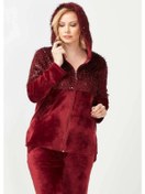 Resim 3239 Tam Kalıp Pullu Saçaklı Tarz Kapşonlu Kadife Eşofman Takımı Bordo 