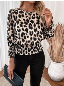Resim Balmior Kadın Uzun Kollu Bisiklet Yaka Leopar Desenli Modal Bluz Leopar 