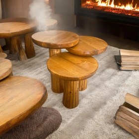 Resim Wood Wooden Ahşap 3lü Set Fitilli Mantar Yan Sehpa Modern Tik Ağacı Renk Fiskos 