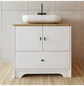 Resim Oval Lavabolu Ayaklı 2 Kapaklı Çekmeceli Mdf 80 Cm Banyo Dolabı Atlantik Çam - Beyaz 