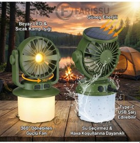 Resim Or-f803 Solar Güneş Enerjili Ve Usb Şarjlı Fanlı Kamp Lambası - 1800mah Batarya, Ip55 Su Geçirmez, Çift Işık Modlu Yeşil 