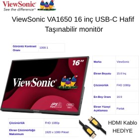 Resim Viewsonic VA1650 16 Inç Usb-C Hafif Taşınabilir IPS Monitör+Hdmı Kablo Hediye 