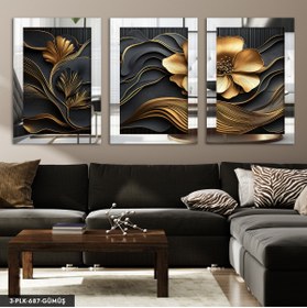 Resim Evinemoda Gold Çiçek 3 Parça Gümüş Pleksi Aynalı Tablo 