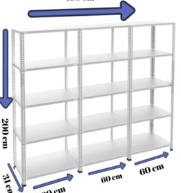 Resim RafBurada 5 Katlı 3'lü Galvaniz Çelik Raf - Depo, Arşiv, Kiler, Dosya, Market Rafı 31x60 Cm-200 Cm-1.00 Mm 