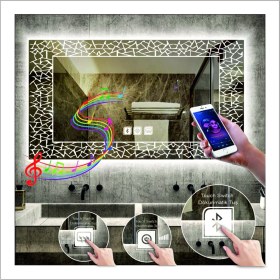 Resim Dnr-Mirror65x90 Cm Beyaz Ledli Tasarım Kumlamalı Dokunmatik Bluetoothlu Buğu Önleyicili Makyaj Banyo Aynası 