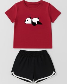 Resim Kız Çocuk Panda Baskılı Biye Detaylı Şortlu Takım - Vişne / 7-8 Yaş 